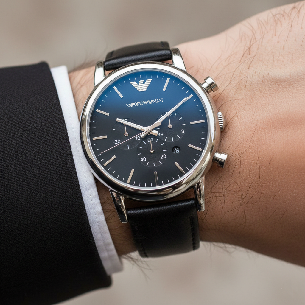 Emporio Armani Luigi AR1828 46mm Men's Chronograph Watch – Black & Black Genuine Leather Strap
