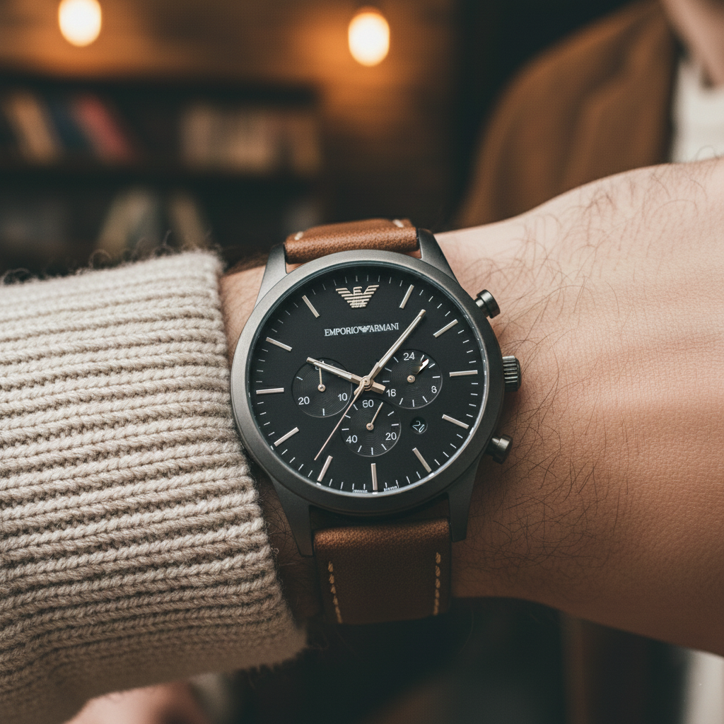Emporio Armani Luigi AR1919 46mm Men's Chronograph Watch – Black & Gunmetal Genuine Leather Strap