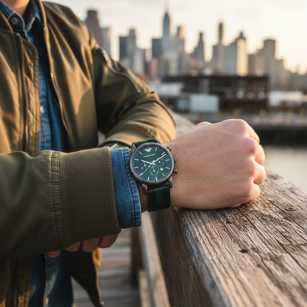 Emporio Armani Luigi AR1950 46mm Men's Chronograph Watch – Green & Green Genuine Leather Strap