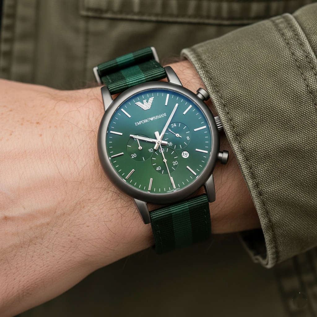 Emporio Armani Luigi AR1950 46mm Men's Chronograph Watch – Green & Green Genuine Leather Strap