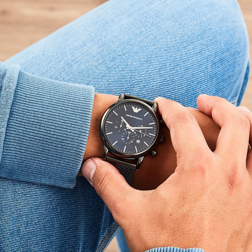 Emporio Armani Luigi AR1979 46mm Men's Chronograph Watch – Gunmetal Sunray & Gunmetal Stainless Steel Mesh Bracelet