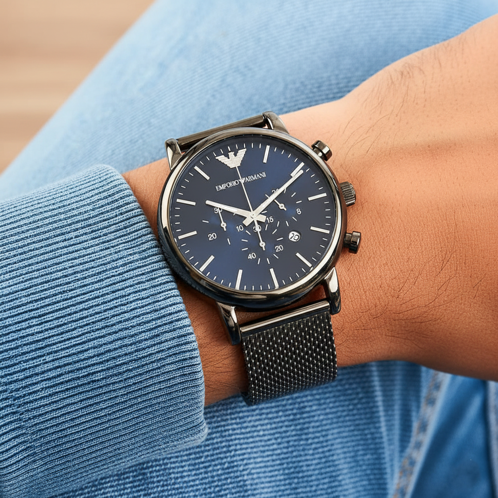 Emporio Armani Luigi AR1979 46mm Men's Chronograph Watch – Gunmetal Sunray & Gunmetal Stainless Steel Mesh Bracelet