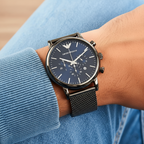 Emporio Armani Luigi AR1979 46mm Men's Chronograph Watch – Gunmetal Sunray & Gunmetal Stainless Steel Mesh Bracelet
