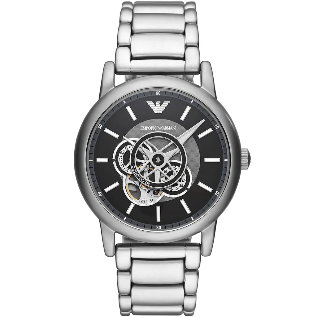 Emporio Armani Luigi AR60021 43mm Men's Automatic Watch – Black Open-Heart & Silver Stainless Steel Bracelet