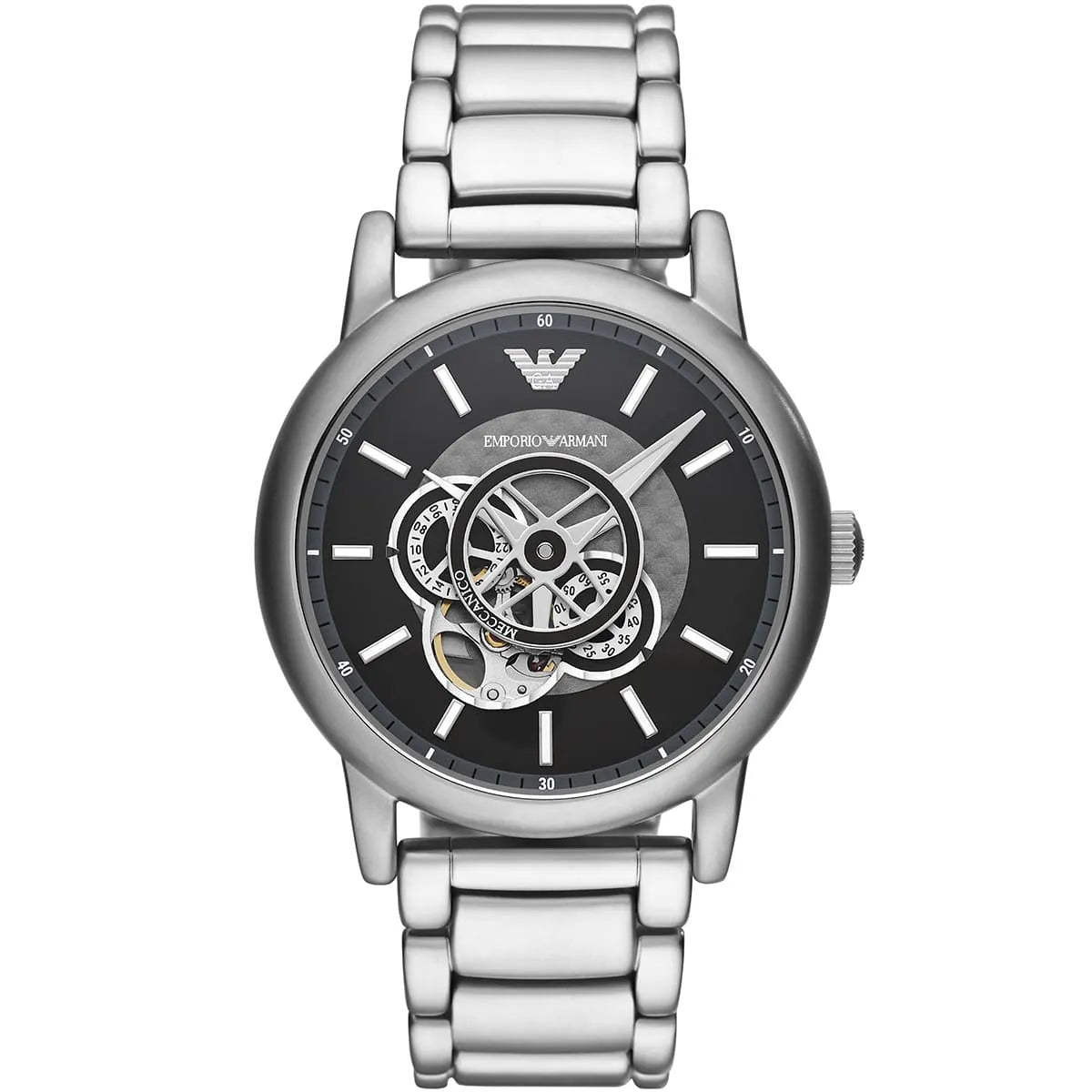 Emporio Armani Luigi AR60021 43mm Men's Automatic Watch – Black Open-Heart & Silver Stainless Steel Bracelet