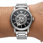Emporio Armani Luigi AR60021 43mm Men's Automatic Watch – Black Open-Heart & Silver Stainless Steel Bracelet