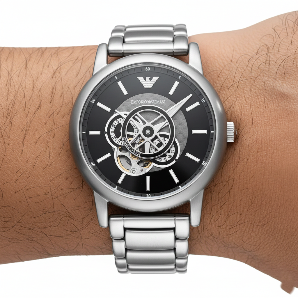 Emporio Armani Luigi AR60021 43mm Men's Automatic Watch – Black Open-Heart & Silver Stainless Steel Bracelet
