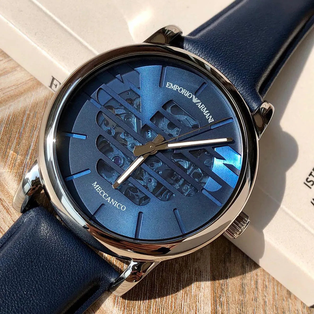 Emporio Armani Luigi AR60030 43mm Men's Automatic Watch – Blue Skeleton & Navy Blue Genuine Leather Strap