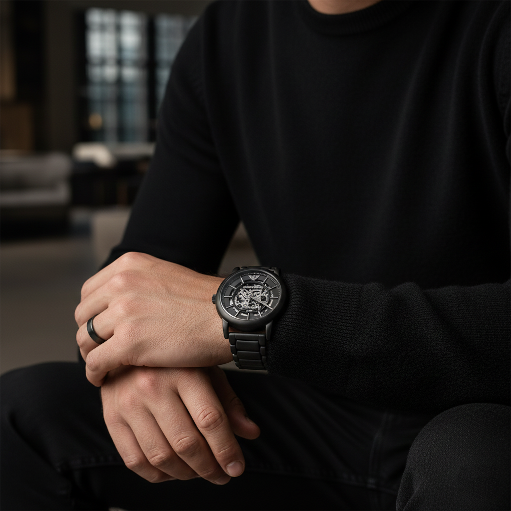 Emporio Armani Luigi AR60045 43mm Men's Automatic Watch – Black Skeleton & Black Stainless Steel Bracelet