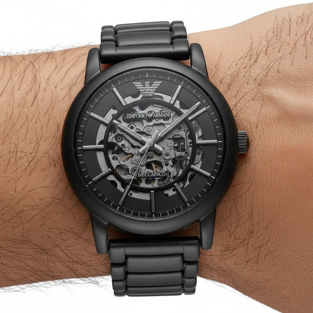 Emporio Armani Luigi AR60045 43mm Men's Automatic Watch – Black Skeleton & Black Stainless Steel Bracelet