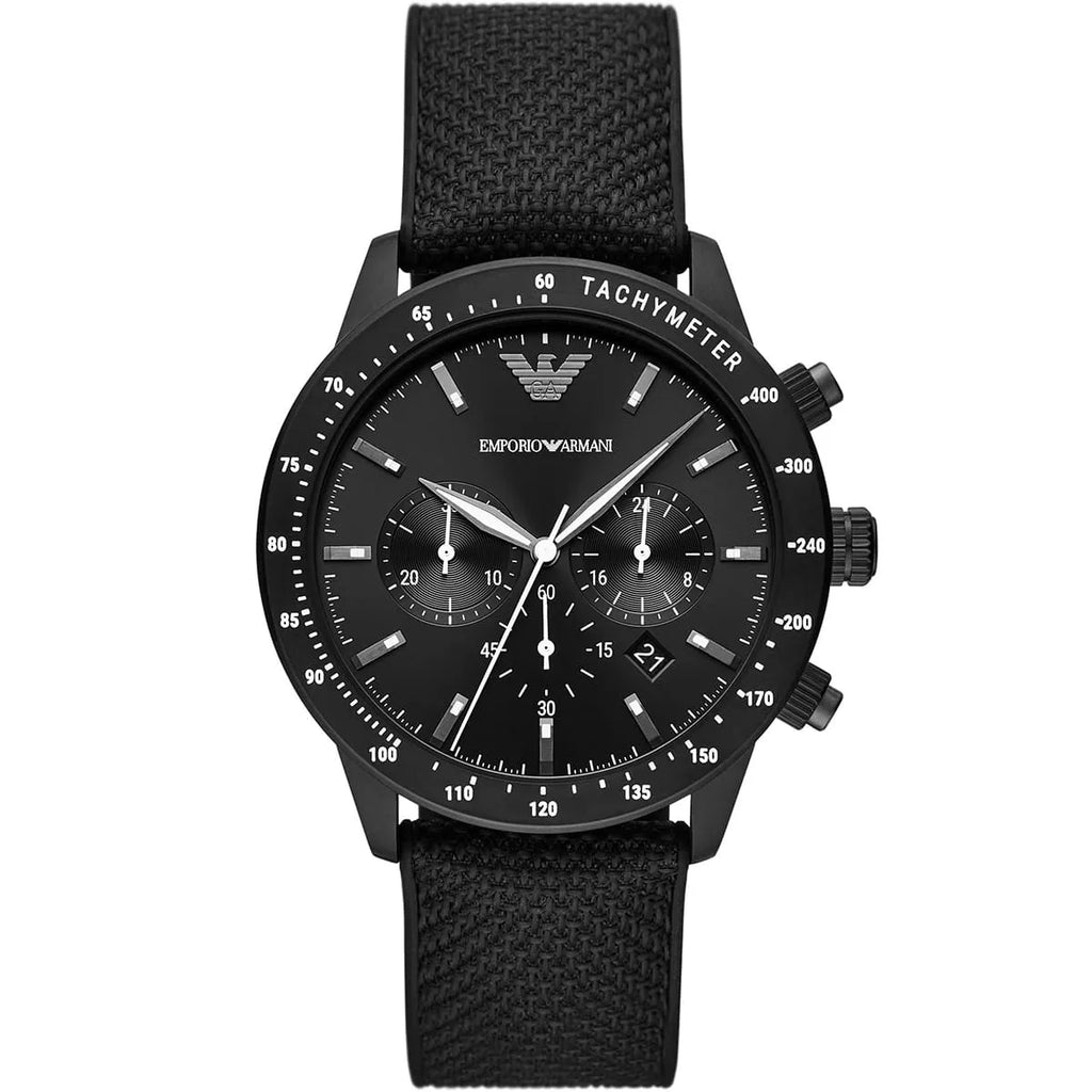 Emporio Armani Mario AR11453 43mm Men's Chronograph Watch – Black & Black Textile Strap
