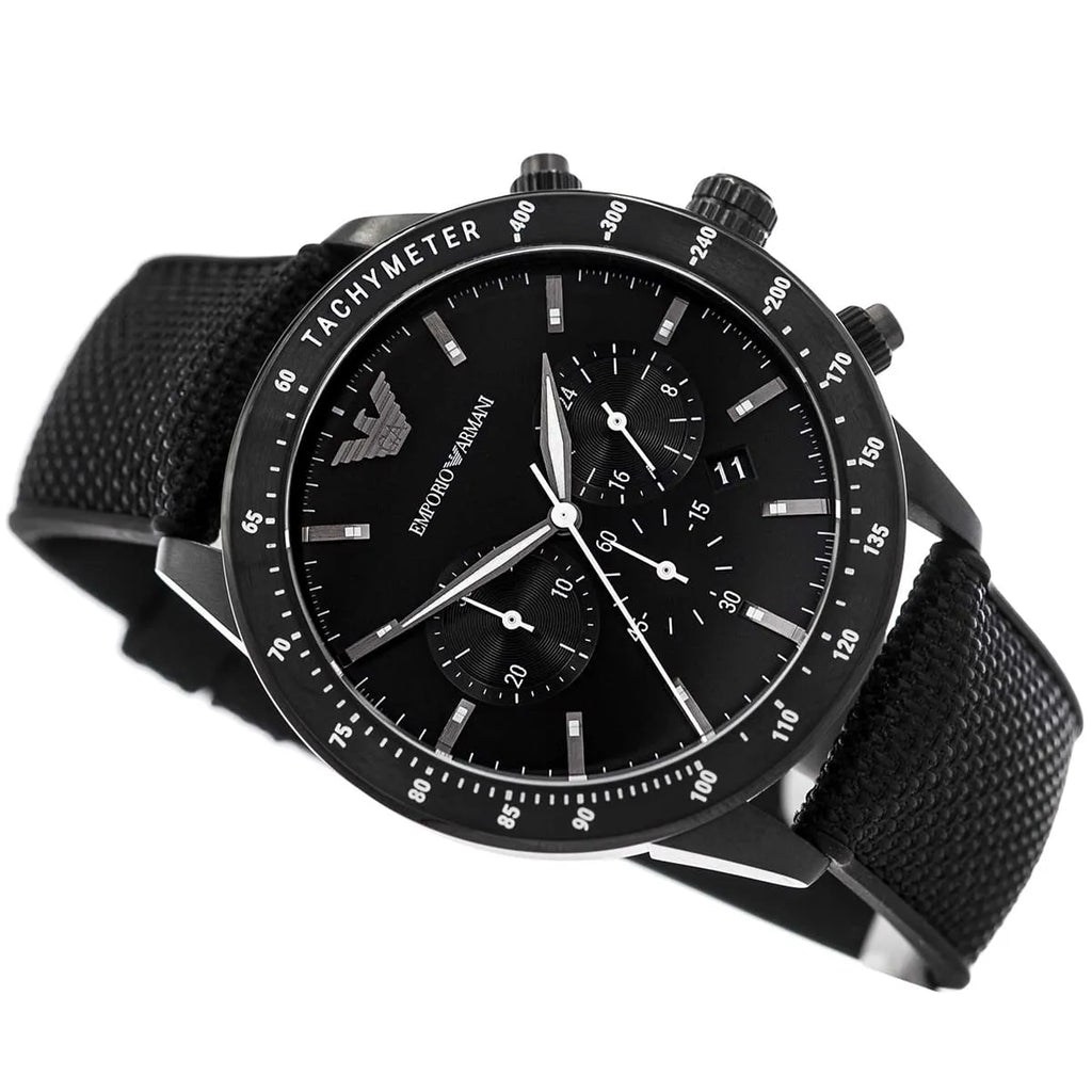 Emporio Armani Mario AR11453 43mm Men's Chronograph Watch – Black & Black Textile Strap