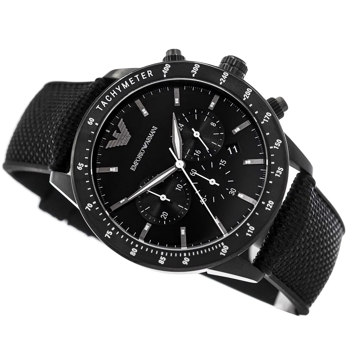 Emporio Armani Mario AR11453 43mm Men's Chronograph Watch – Black & Black Textile Strap