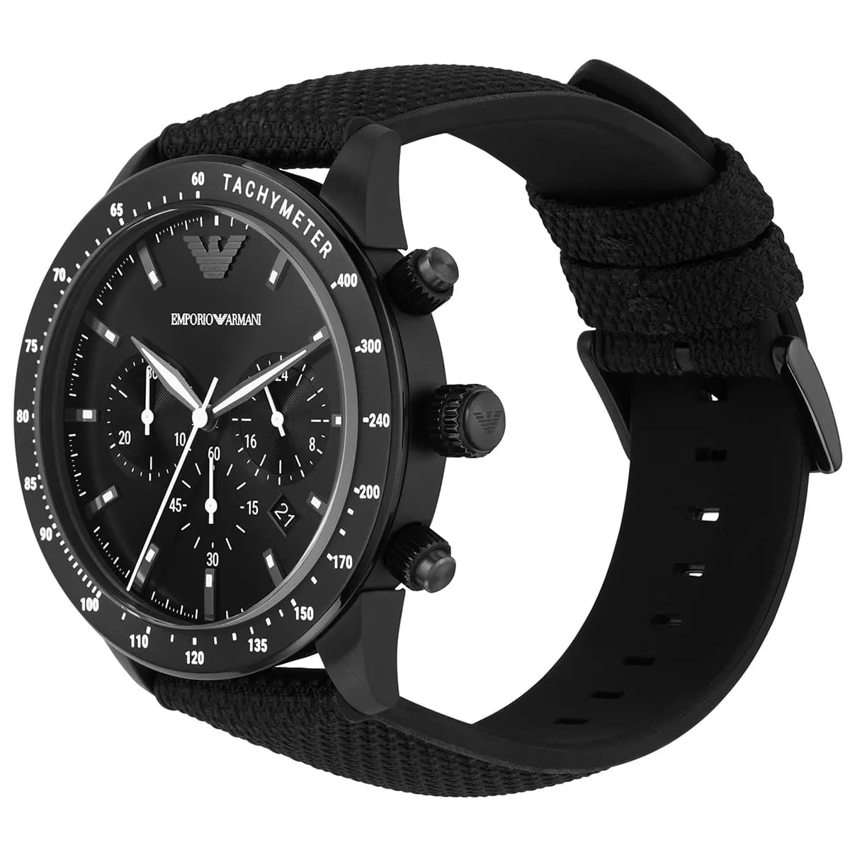 Emporio Armani Mario AR11453 43mm Men's Chronograph Watch – Black & Black Textile Strap