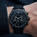 Emporio Armani Mario AR11453 43mm Men's Chronograph Watch – Black & Black Textile Strap