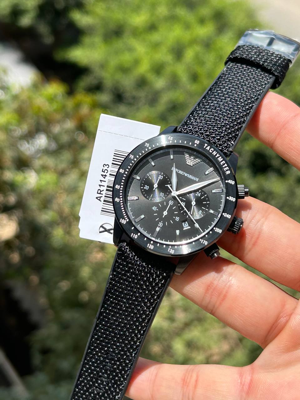 Emporio Armani Mario AR11453 43mm Men's Chronograph Watch – Black & Black Textile Strap