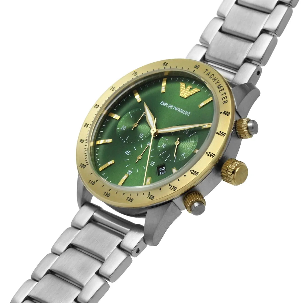 Emporio Armani Mario AR11454 43mm Men's Chronograph Watch – Green Sunray & Green Rubber Strap