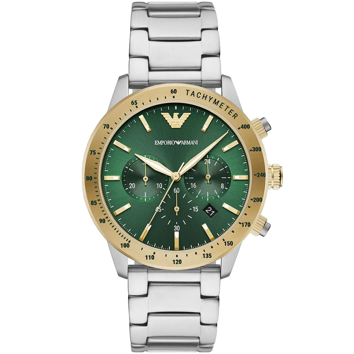 Emporio Armani Mario AR11454 43mm Men's Chronograph Watch – Green Sunray & Green Rubber Strap