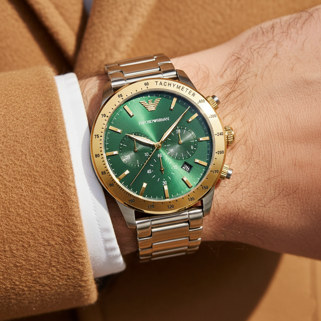 Emporio Armani Mario AR11454 43mm Men's Chronograph Watch – Green Sunray & Green Rubber Strap