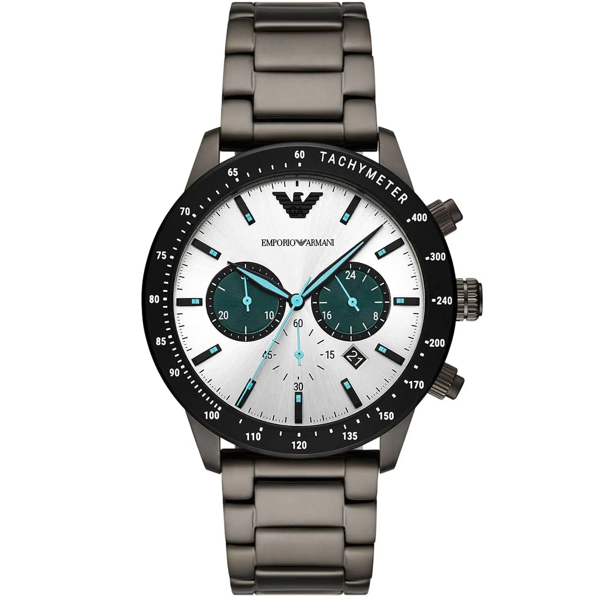 Emporio Armani Mario AR11471 43mm Men's Chronograph Watch – Silver & Gunmetal Stainless Steel Bracelet