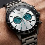 Emporio Armani Mario AR11471 43mm Men's Chronograph Watch – Silver & Gunmetal Stainless Steel Bracelet