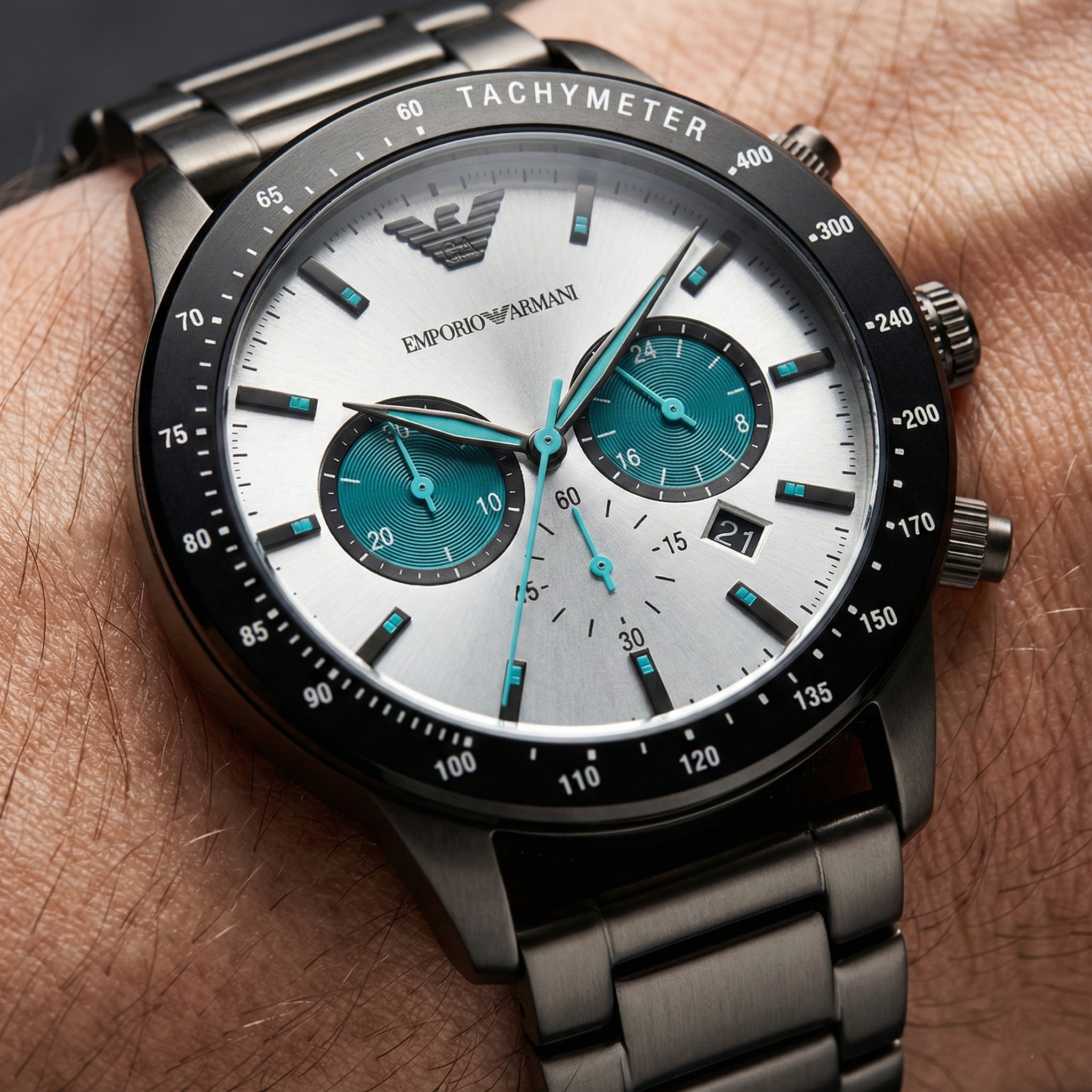 Emporio Armani Mario AR11471 43mm Men's Chronograph Watch – Silver & Gunmetal Stainless Steel Bracelet
