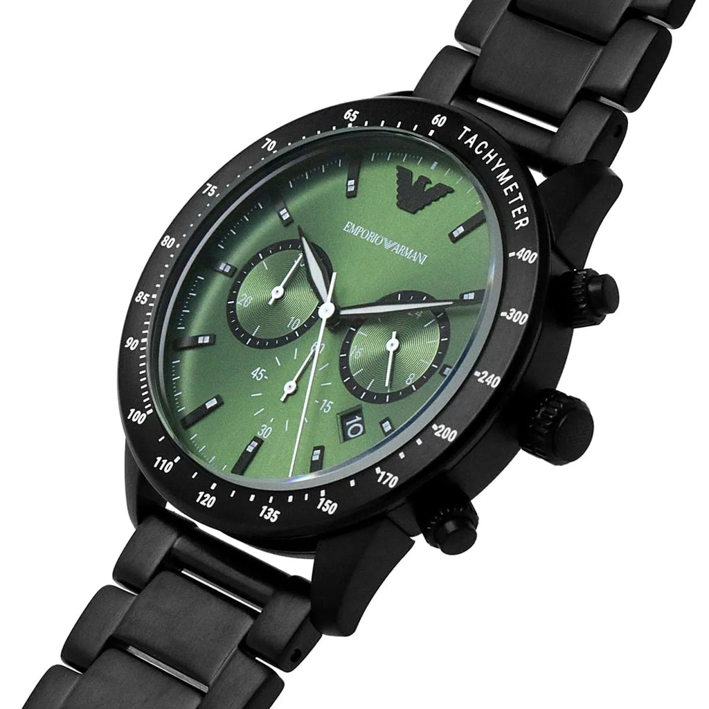 Emporio Armani Mario AR11472 Men's Chronograph Watch – Green Sunray & Green Stainless Steel Bracelet