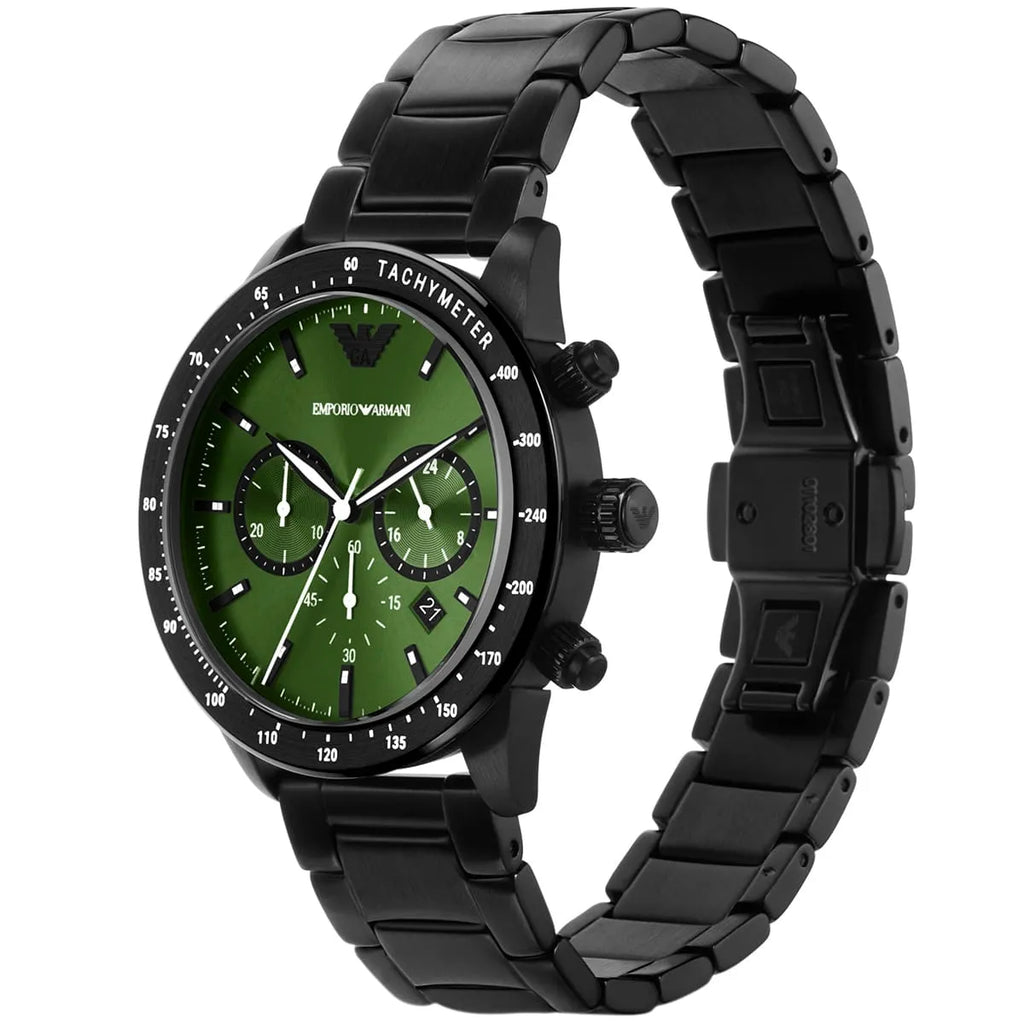 Emporio Armani Mario AR11472 Men's Chronograph Watch – Green Sunray & Green Stainless Steel Bracelet
