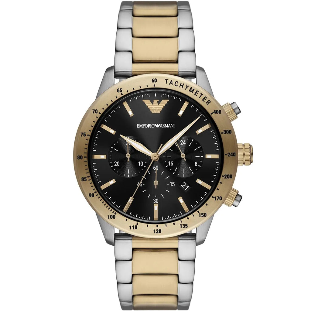 Emporio Armani Mario AR11521 43mm Men's Chronograph Watch – Black & Two-Tone Stainless Steel Bracelet