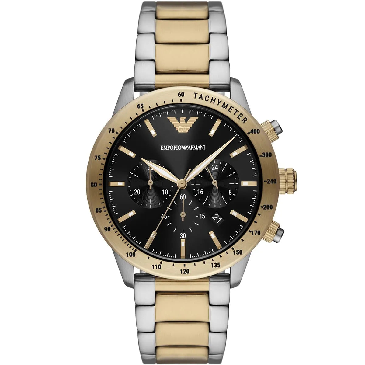 Emporio Armani Mario AR11521 43mm Men's Chronograph Watch – Black & Two-Tone Stainless Steel Bracelet