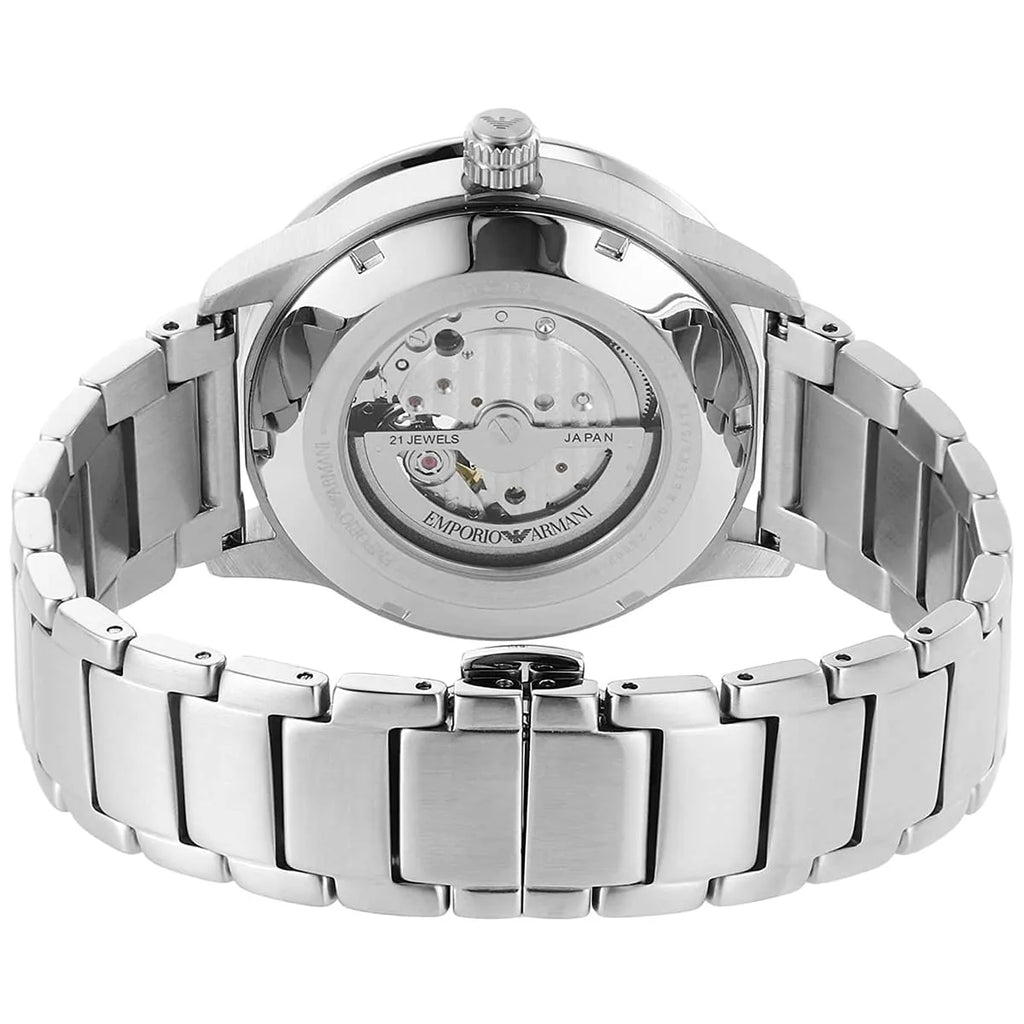 Emporio Armani Mario AR60052 43mm Men's Automatic Watch – Blue Skeleton & Silver Stainless Steel Bracelet