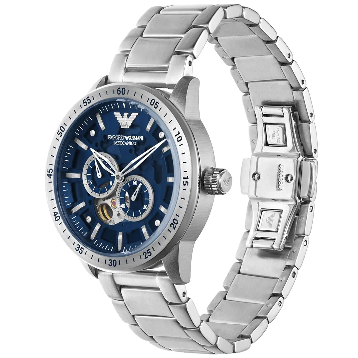 Emporio Armani Mario AR60052 43mm Men's Automatic Watch – Blue Skeleton & Silver Stainless Steel Bracelet
