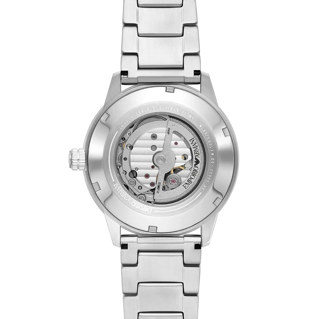 Emporio Armani Mario AR60052 43mm Men's Automatic Watch – Blue Skeleton & Silver Stainless Steel Bracelet
