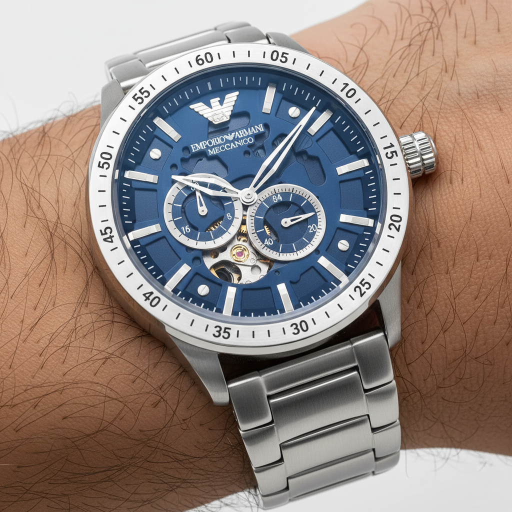 Emporio Armani Mario AR60052 43mm Men's Automatic Watch – Blue Skeleton & Silver Stainless Steel Bracelet
