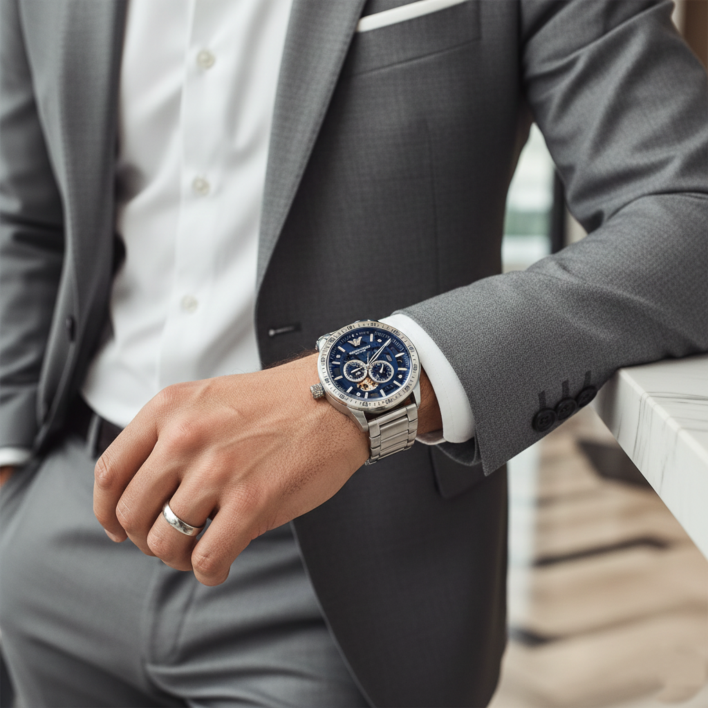 Emporio Armani Mario AR60052 43mm Men's Automatic Watch – Blue Skeleton & Silver Stainless Steel Bracelet