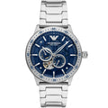 Emporio Armani Mario AR60052 43mm Men's Automatic Watch – Blue Skeleton & Silver Stainless Steel Bracelet