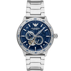 Emporio Armani Mario AR60052 43mm Men's Automatic Watch – Blue Skeleton & Silver Stainless Steel Bracelet