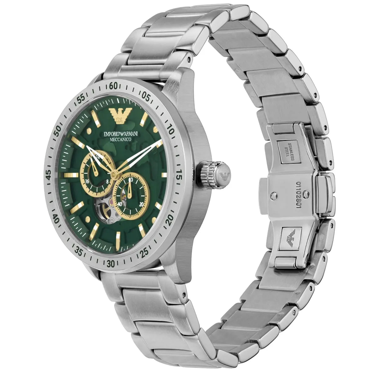 Emporio Armani Mario AR60053 43mm Men's Automatic Watch – Green Skeleton & Silver Stainless Steel Bracelet