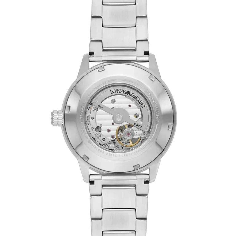 Emporio Armani Mario AR60053 43mm Men's Automatic Watch – Green Skeleton & Silver Stainless Steel Bracelet
