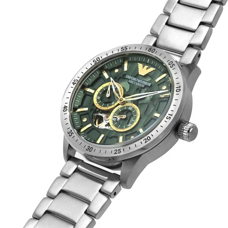 Emporio Armani Mario AR60053 43mm Men's Automatic Watch – Green Skeleton & Silver Stainless Steel Bracelet