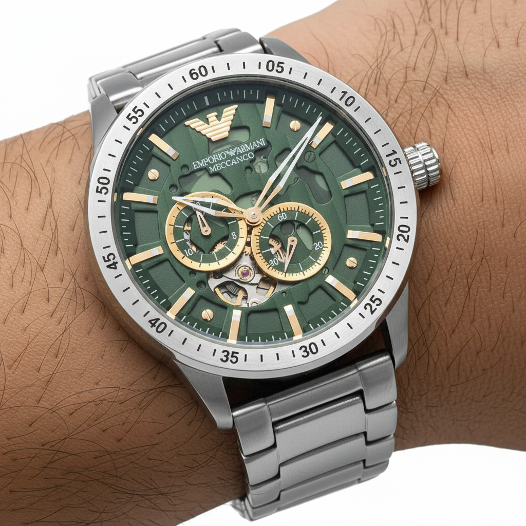 Emporio Armani Mario AR60053 43mm Men's Automatic Watch – Green Skeleton & Silver Stainless Steel Bracelet