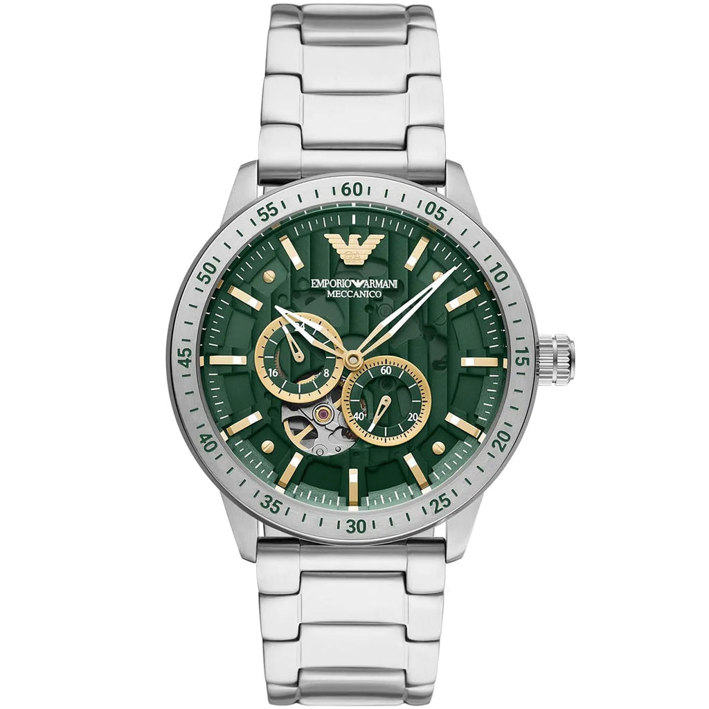 Emporio Armani Mario AR60053 43mm Men's Automatic Watch – Green Skeleton & Silver Stainless Steel Bracelet