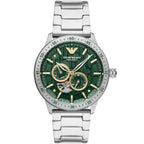 Emporio Armani Mario AR60053 43mm Men's Automatic Watch – Green Skeleton & Silver Stainless Steel Bracelet