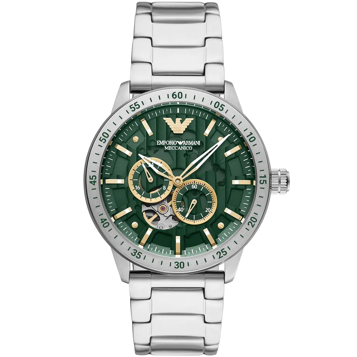 Emporio Armani Mario AR60053 43mm Men's Automatic Watch – Green Skeleton & Silver Stainless Steel Bracelet