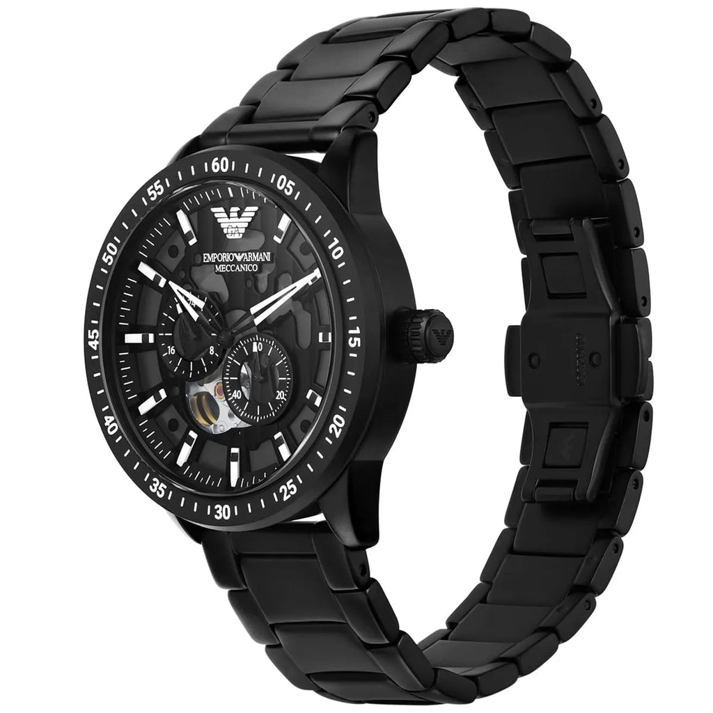 Emporio Armani Mario AR60054 43mm Men's Automatic Watch – Black Skeleton & Black Stainless Steel Bracelet