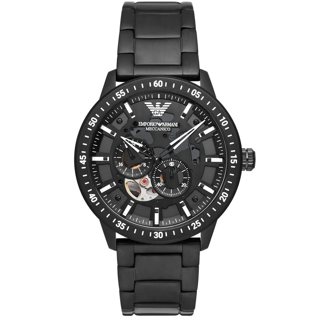 Emporio Armani Mario AR60054 43mm Men's Automatic Watch – Black Skeleton & Black Stainless Steel Bracelet