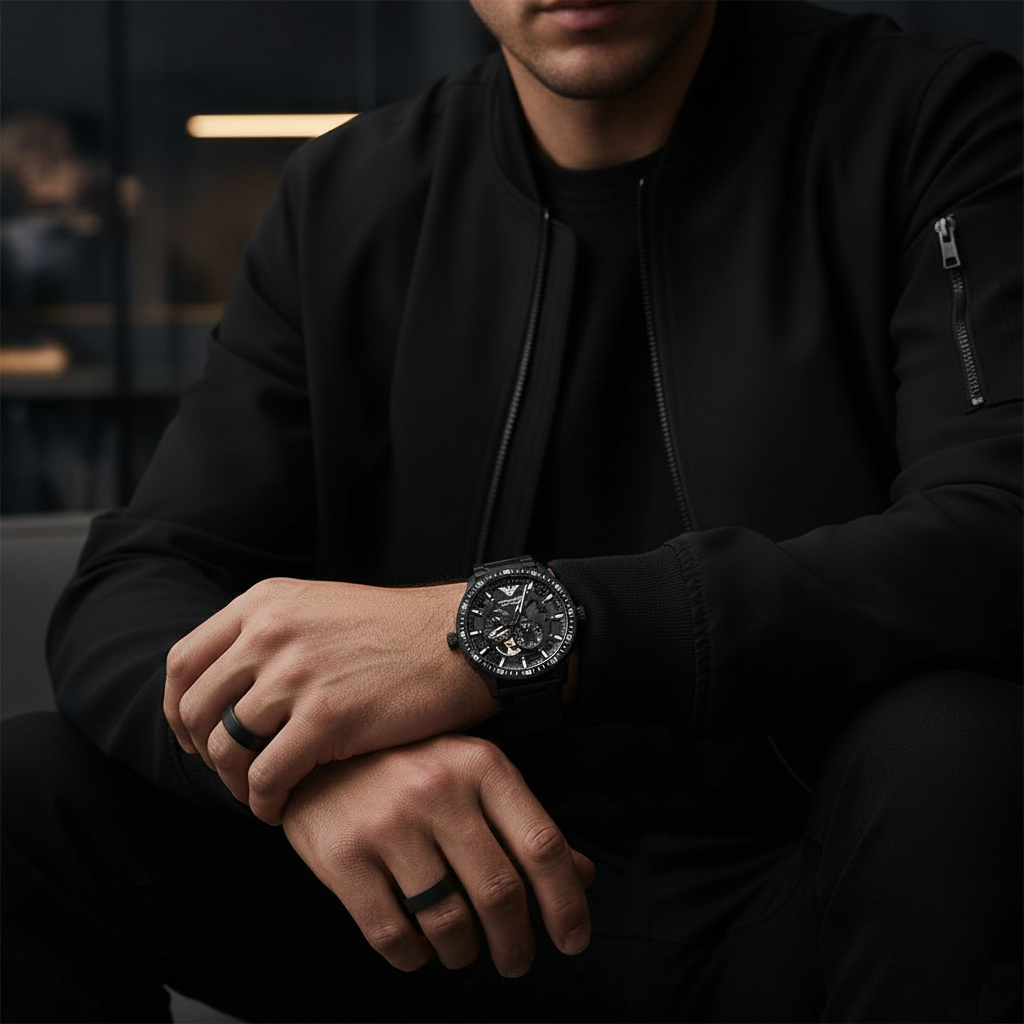Emporio Armani Mario AR60054 43mm Men's Automatic Watch – Black Skeleton & Black Stainless Steel Bracelet