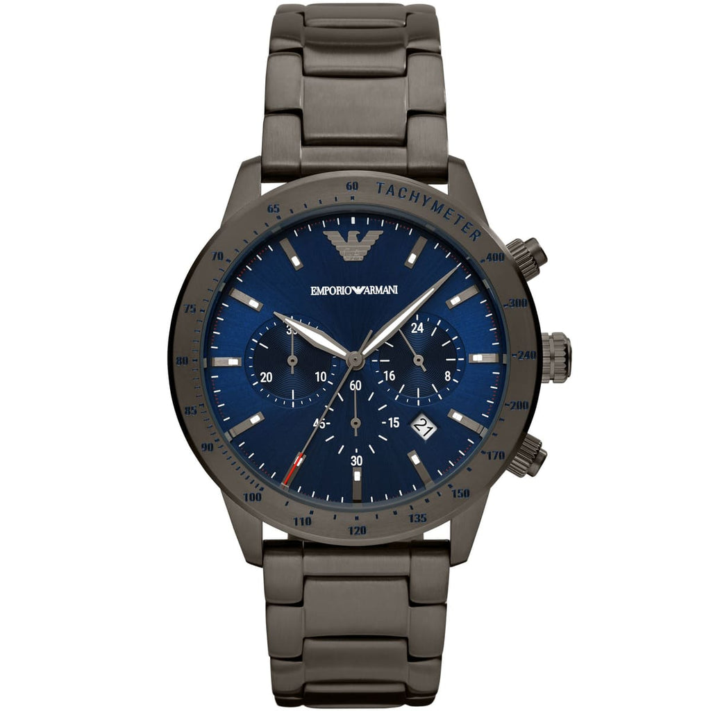 Emporio Armani Mario AR80045 Men's Chronograph Watch – Blue Sunray & Gunmetal Genuine Leather Strap