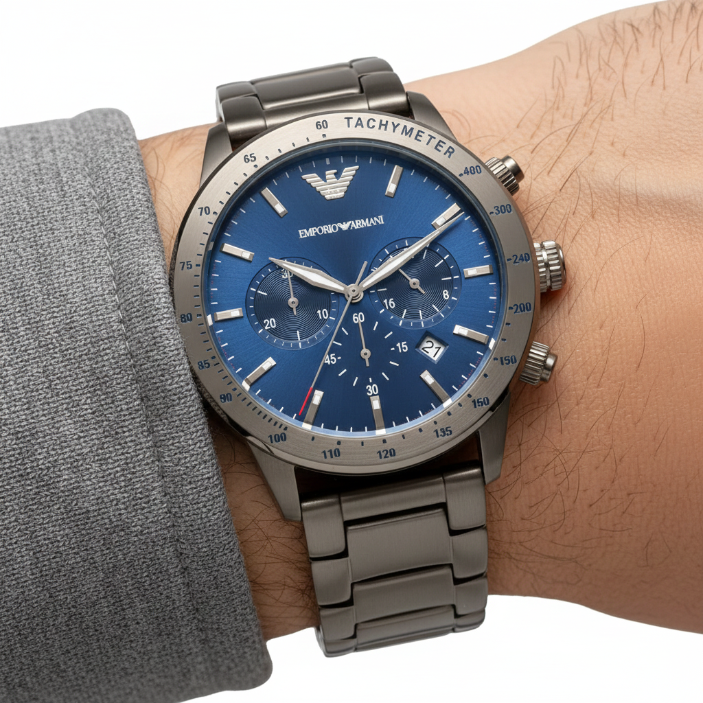 Emporio Armani Mario AR80045 Men's Chronograph Watch – Blue Sunray & Gunmetal Genuine Leather Strap