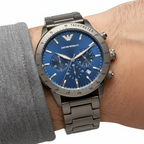 Emporio Armani Mario AR80045 Men's Chronograph Watch – Blue Sunray & Gunmetal Genuine Leather Strap